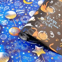 Бумага упаковочная глянцевая 100см*70см Коты-космонавты/80гр/м2 NEW | Фото 2