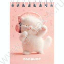 Блокнот  40л А7 спираль "Котёнок меломан" клетка/УФ-лак выборочный с глиттером NEW | Фото 1