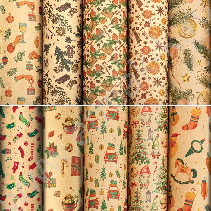 Бумага упаковочная  70*100см Christmas Kraft 1л в рулоне / 10 дизайнов/ассорти | Фото 1