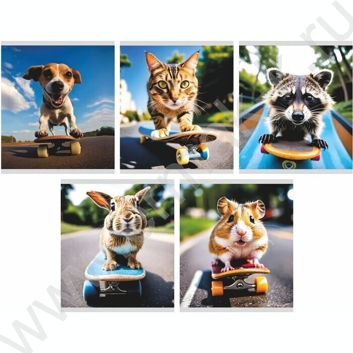 Тетрадь  48л клетка "Зверята на скейтах" /мел.карт. /ассорти | Фото 1