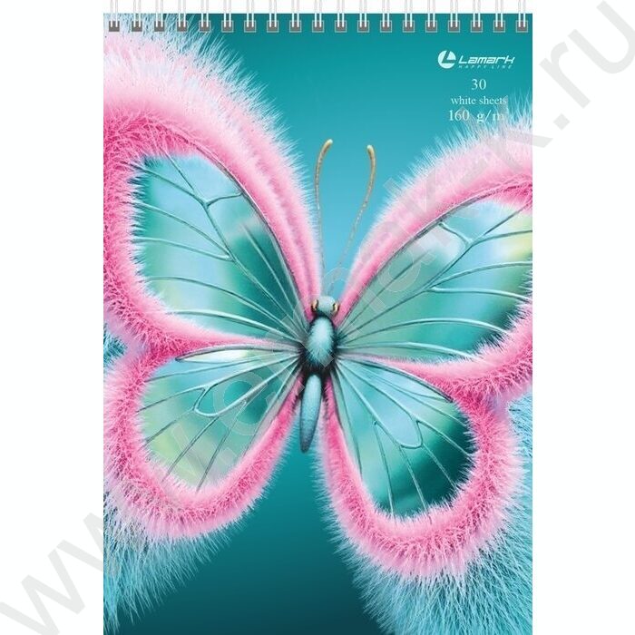 Скетчбук  30л А5 спираль сверху "Бабочка" /обложка-софт тач, твердая подложка, 160г/кв.м | Фото 1
