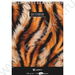 Скетчбук  30л А5 спираль сверху "Тигровый принт" /обложка-софт тач, твердая подложка, 160г/кв.м | Фото 1