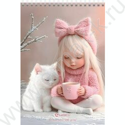 Скетчбук  40л А5 спираль сверху "Девочка с котиком" /выбор. УФ лак, твердая подложка, 100г/кв.м | Фото 1