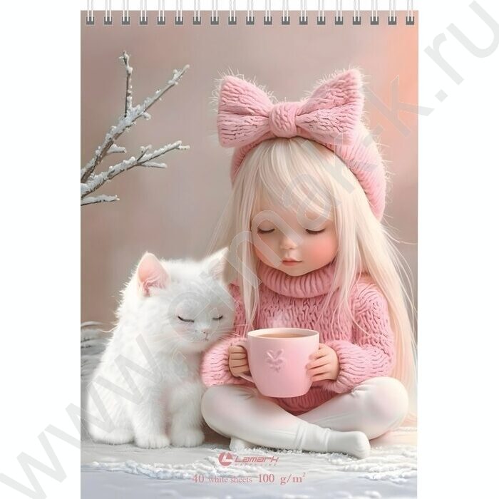 Скетчбук  40л А5 спираль сверху "Девочка с котиком" /выбор. УФ лак, твердая подложка, 100г/кв.м | Фото 1