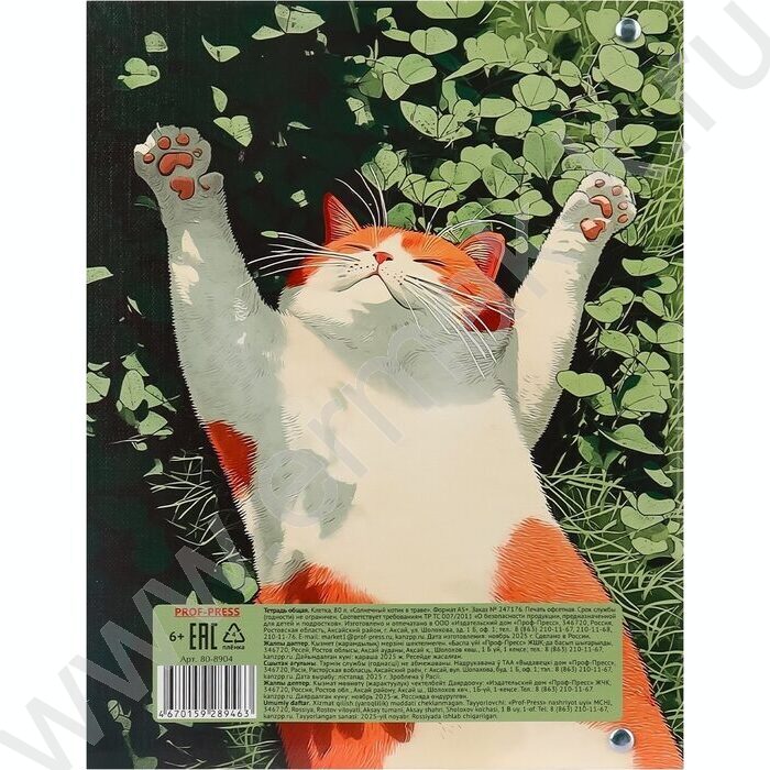 Тетрадь  80л клетка/кольца "Солнечный котик в траве" /глянец/лён | Фото 5