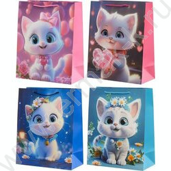 Пакет подарочный бумажный 31*41*12см Котята /объёмная аппликация с блёстками /ассорти/ NEW | Фото 1