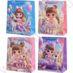 Пакет подарочный бумажный 26*32*12см Девочка с единорогом /объёмная аппликация с голографическим NEW | Фото 1