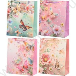 Пакет подарочный бумажный 18*23*10см Цветы бабочки /объёмная аппликация с голографическим тиснен NEW | Фото 1