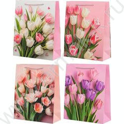 Пакет подарочный бумажный 30*12*40см Тюльпаны /с элементами серебристого тиснения /ассорти NEW | Фото 1