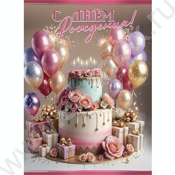 Открытка 196*277мм "С Днём рождения!" текст NEW | Фото 1