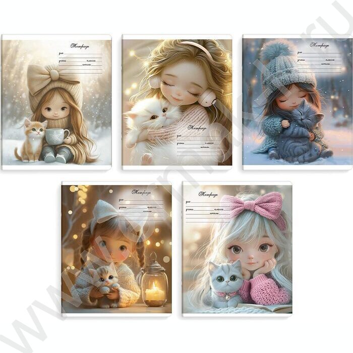 Тетрадь  12л линейка "Девочки с котятами" /выборочный  УФ-лак/ ассорти NEW | Фото 1