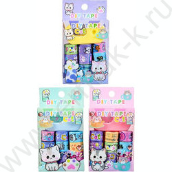 Набор декоративных клейких лент Котики 12шт 1см*2,5м, диспенсер в комплекте, ассорти 2 дизайна NEW | Фото 1