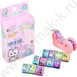 Набор декоративных клейких лент Котики 12шт 1см*2,5м, диспенсер в комплекте, ассорти 2 дизайна NEW | Фото 2