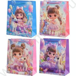 Пакет подарочный бумажный 18*23*10см Девочка с единорогом плотный, ветной с рисунком,объёмная ап NEW | Фото 1