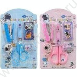 Набор канцелярский детский Космос ножницы+степлер+скобы+диспенсер+2 скотча, яркая упаковка-блист NEW | Фото 1