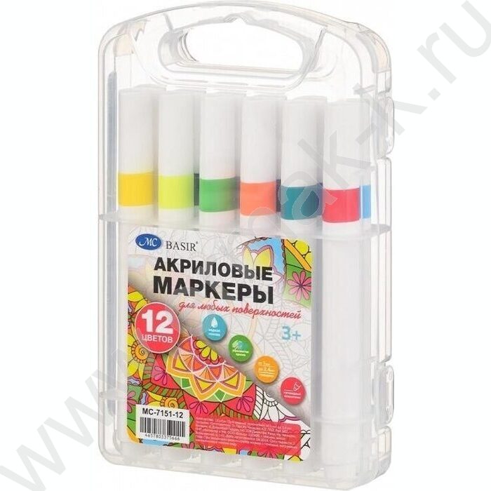 Маркер акриловый /набор 12цв/ на водной основе,2-4мм,трёхгранный белый корпус,уп.пл. бокс NEW | Фото 1
