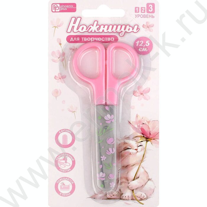 Ножницы 12,5*5,3см детские "Кот с цветком"  /нержавеющая сталь, асимметричные NEW | Фото 1