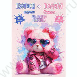 Картон цв+бум.цв А4 26л 10цв(10л)/ 8цв(16л) "Розовый мишка" блок - газетная бумага, мелованный к NEW | Фото 1