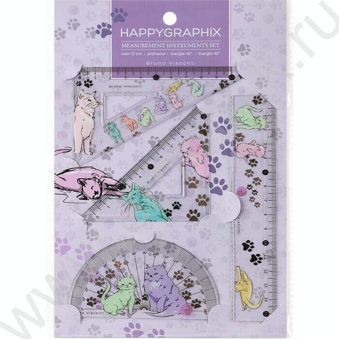Геометрический набор 4предм HappyGraphix. Котики /транспортир,линейка,два треугольника NEW | Фото 1