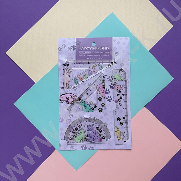 Геометрический набор 4предм HappyGraphix. Котики /транспортир,линейка,два треугольника NEW | Фото 4