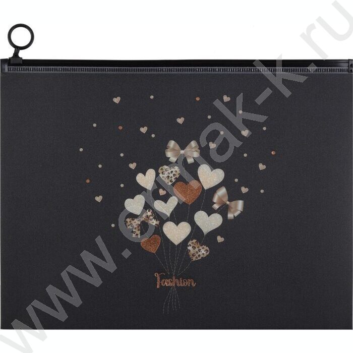 Папка-конверт на молнии А4 Fashion hearts черный ПВХ NEW | Фото 1