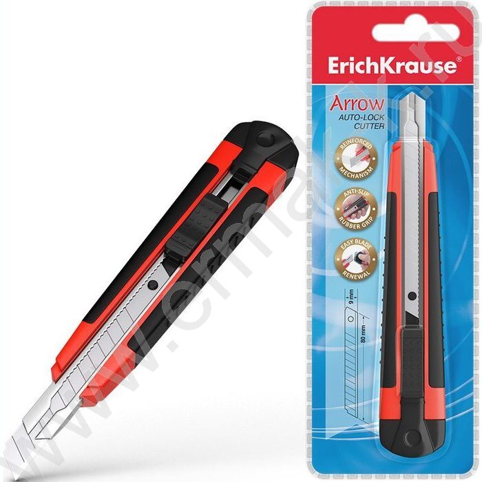 Нож канцелярский  9мм Arrow красный,резин.вставка блистер,европодвес | Фото 2
