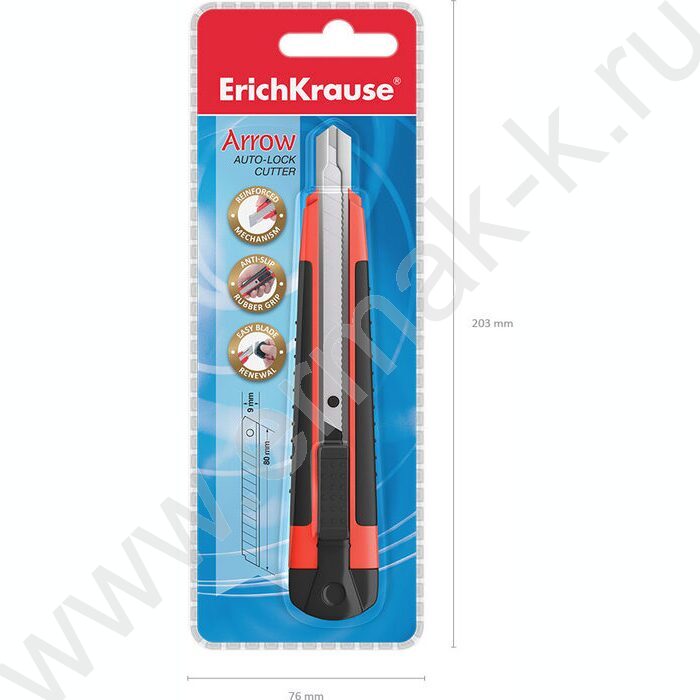 Нож канцелярский  9мм Arrow красный,резин.вставка блистер,европодвес | Фото 5