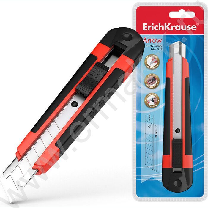 Нож канцелярский 18мм Arrow красный,резин.вставка блистер,европодвес | Фото 3