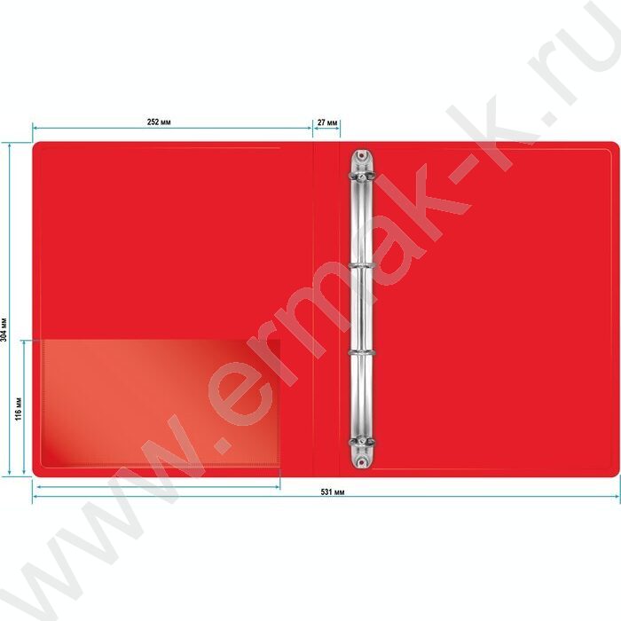 Папка 4 кольца 27мм красная 0,7мм карман внутренний и торцевой | Фото 4