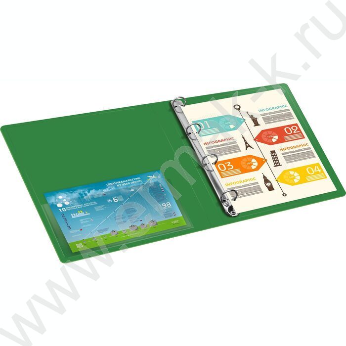 Папка 4 кольца 27мм зеленая 0,7мм карман внутренний и торцевой | Фото 6