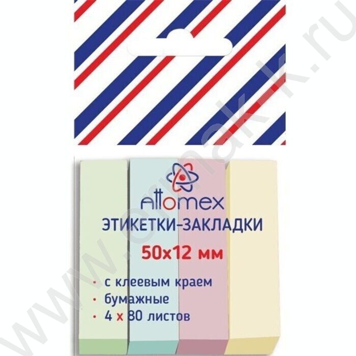 Набор самокл. этикеток-закладок 12*50мм /80л*4цв пастель пл.блистер европодвес | Фото 1