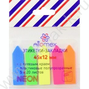 Набор самокл. этикеток-закладок 12*45мм /20л*5цв неон пластик полупр.в форме стрелки пл.блистер