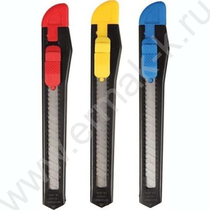 Нож канцелярский  9мм ассорти пл.направляющие,ручная блокировка лезвия,пл.блистер | Фото 1