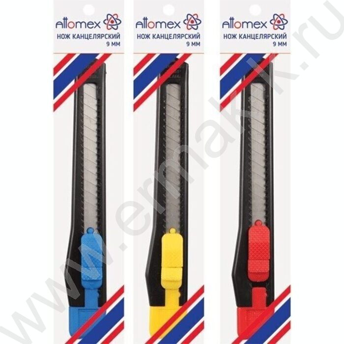 Нож канцелярский  9мм ассорти пл.направляющие,ручная блокировка лезвия,пл.блистер | Фото 2