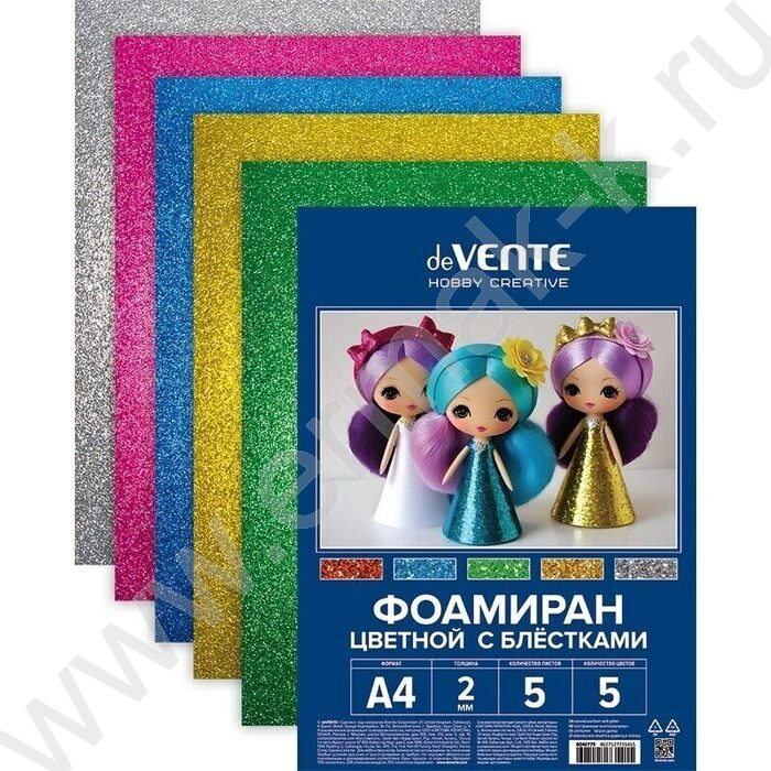 Фоамиран цветной с блёстками А4  5л/5цв 2мм пл.пакет с европодвесом | Фото 1
