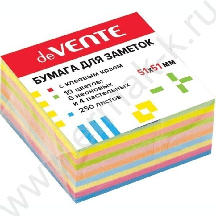 Бумага д/записей   51*51мм /250л, 75г/м², неон. 6цв+пастель. 4цв с липким краем | Фото 1