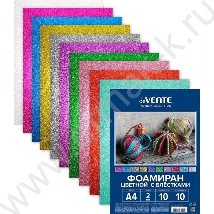 Фоамиран цветной с блестками А4 10л/10цв 2мм пл.пакет с европодвесом | Фото 1