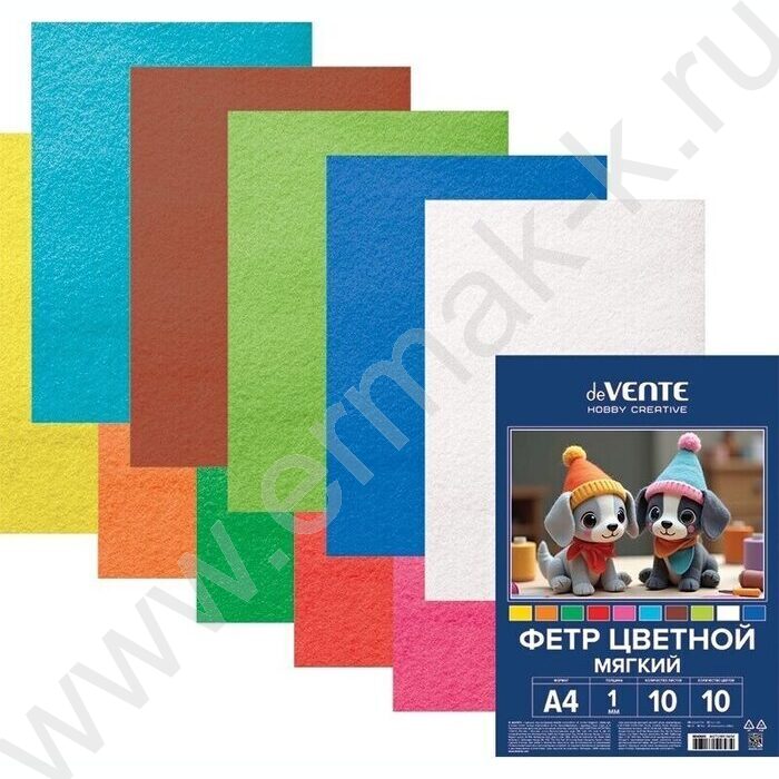 Фетр А4 Яркие цвета 1мм  10цв/10л /мягкий /пл.пакет с европодвесом | Фото 1