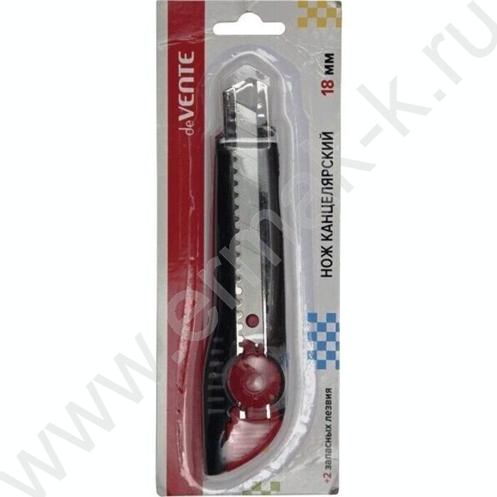Нож канцелярский 18мм+2лезвия красный/черный метал.направляющие, ручная блок., блистер | Фото 1