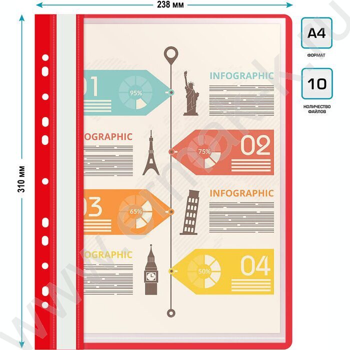 Скоросшиватель пл красный боковая перфорация 10 вкладышей | Фото 5