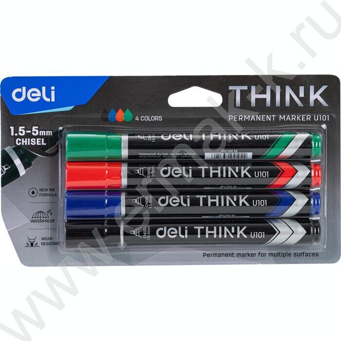 Маркер перм. /набор  4цв/ 1,5-5мм косой Think европодвес | Фото 3